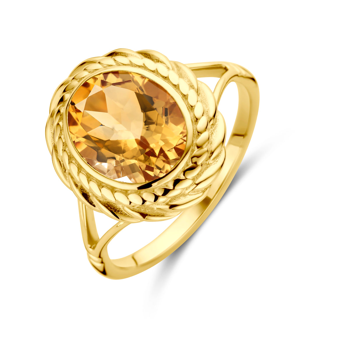 Schuin bovenaanzicht van de gouden ring met citrien van 14 karaat.
