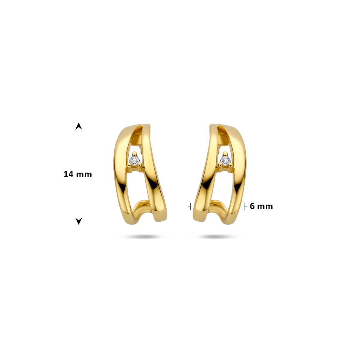 Afmetingen van de gouden stekeroorringen met diamant van 14 karaat: 14 mm hoog en 6 mm breed.