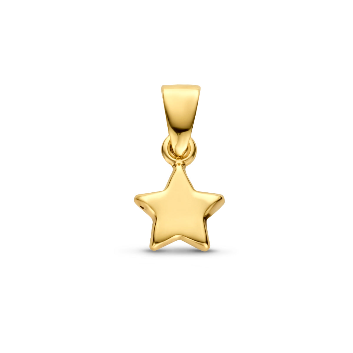 Vooraanzicht van de gouden ster kinderhanger van 14 karaat.