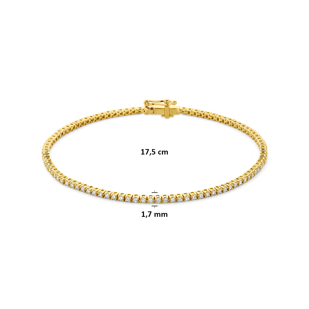 Afmetingen van de gouden tennisarmband met lab grown diamant van 14 karaat: 17,5 cm lang en 1,7 mm breed, 1,00 ct.