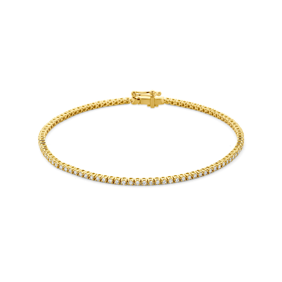 Vooraanzicht van de gouden tennisarmband met lab grown diamant van 14 karaat.