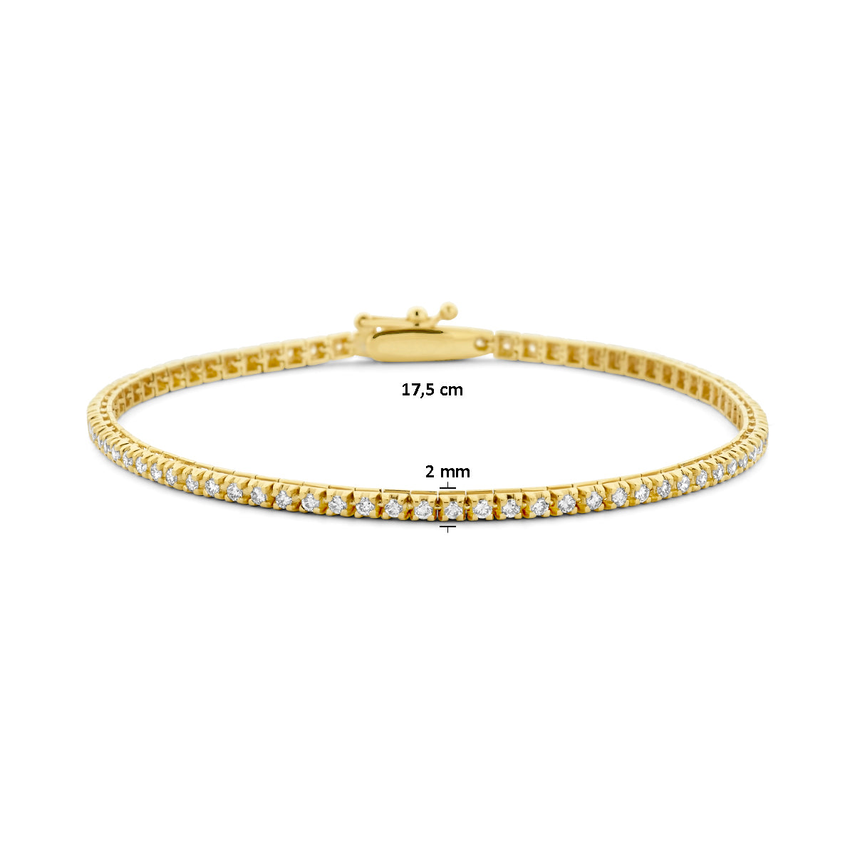 Afmetingen van de gouden tennisarmband met lab grown diamant van 14 karaat: 17,5 cm lang en 2 mm breed, 1,00 ct.