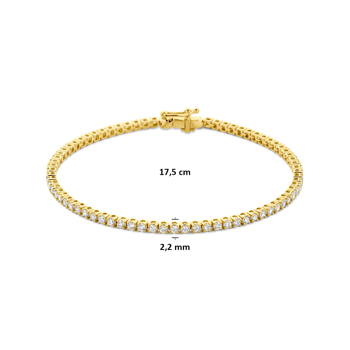 Afmetingen van de gouden tennisarmband met lab grown diamant van 14 karaat: 17,5 cm lang en 2,2 mm breed, 2,00 ct.