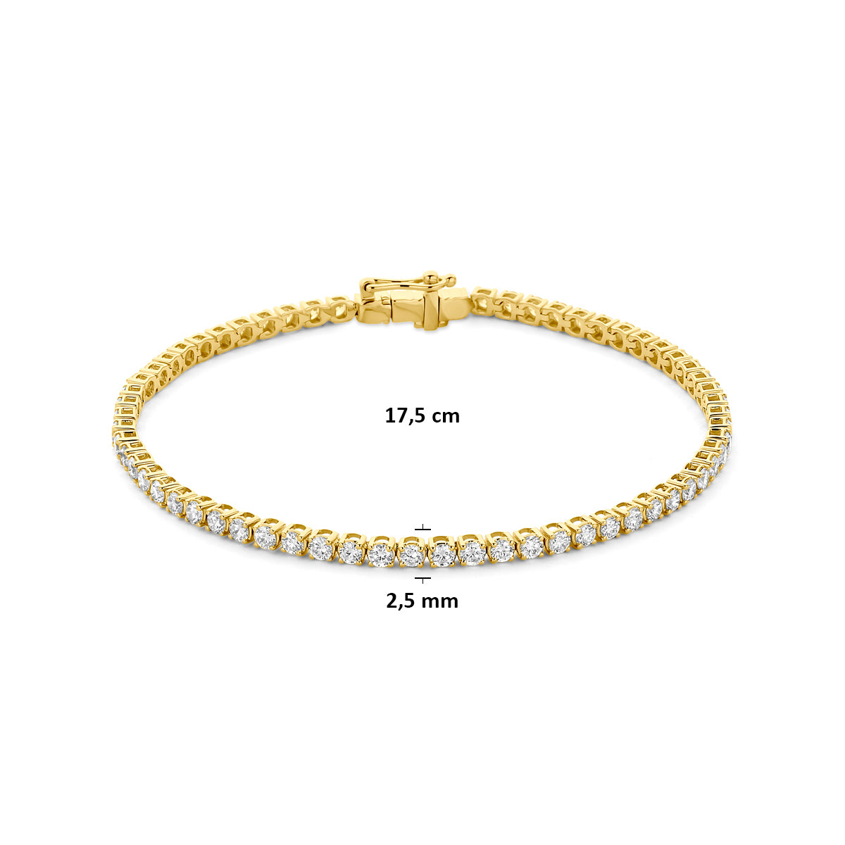Afmetingen van de gouden tennisarmband met lab grown diamant van 14 karaat: 17,5 cm lang en 2,5 mm breed, 3,00 ct.