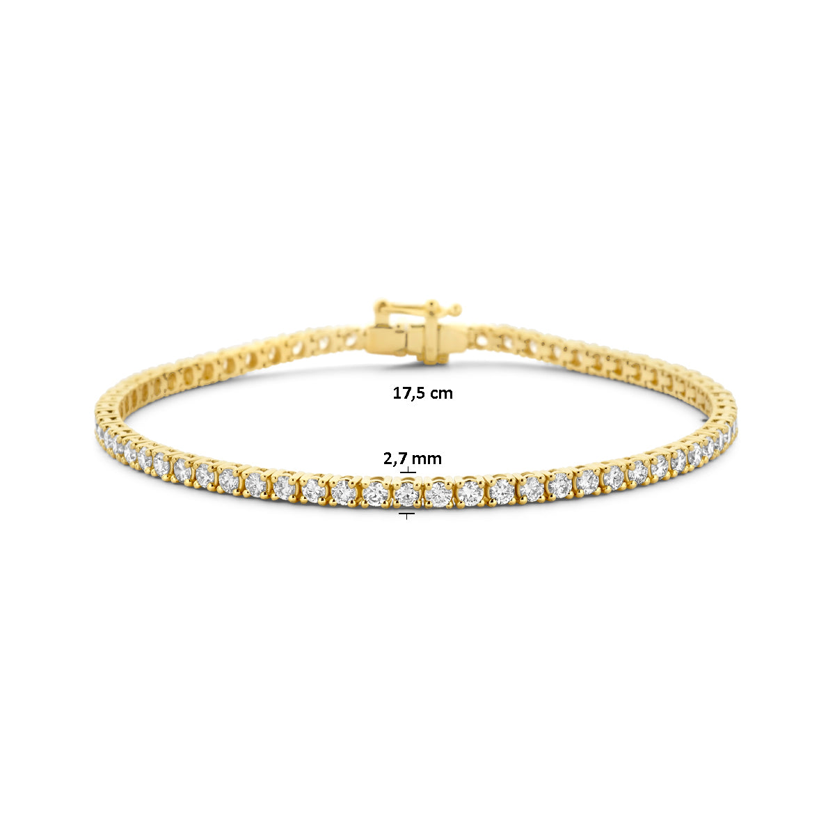 Afmetingen van de gouden tennisarmband met lab grown diamant van 14 karaat: 17,5 cm lang en 2,7 mm breed, 3,00 ct.