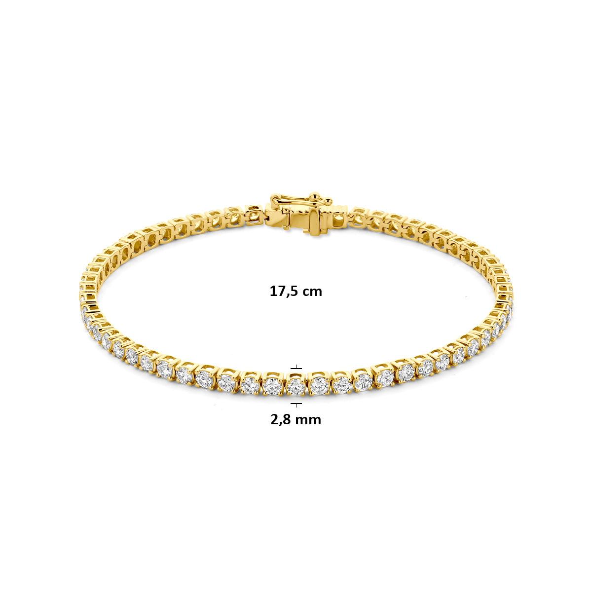 Afmetingen van de gouden tennisarmband met lab grown diamant van 14 karaat: 17,5 cm lang en 2,8 mm breed, 4,00 ct.