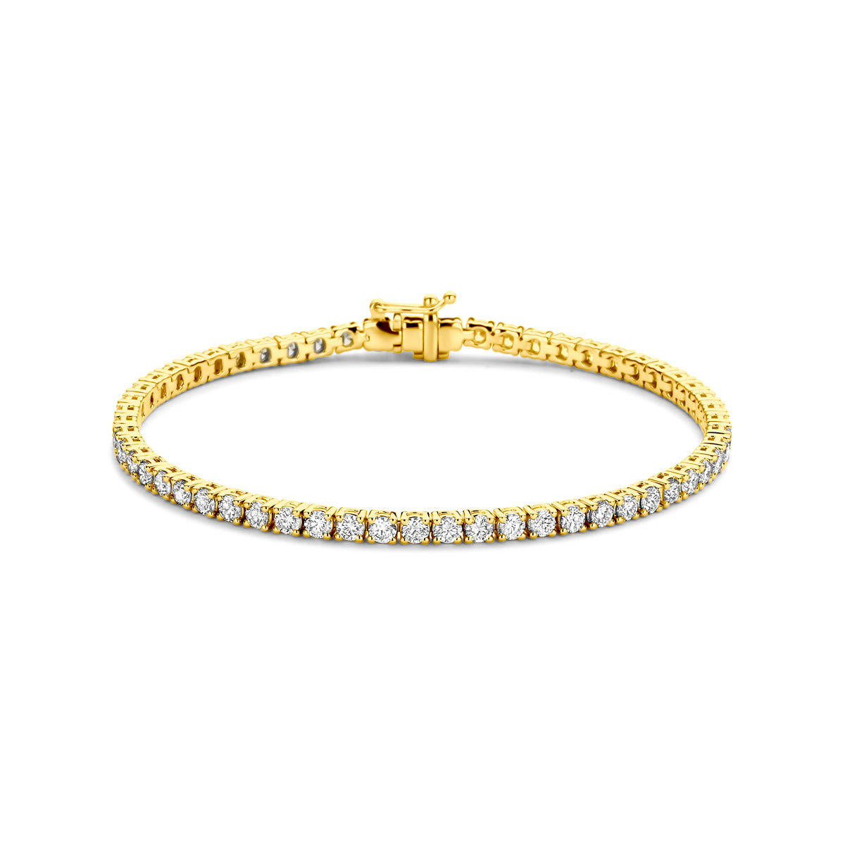 Vooraanzicht van de gouden tennisarmband met lab grown diamant van 14 karaat.