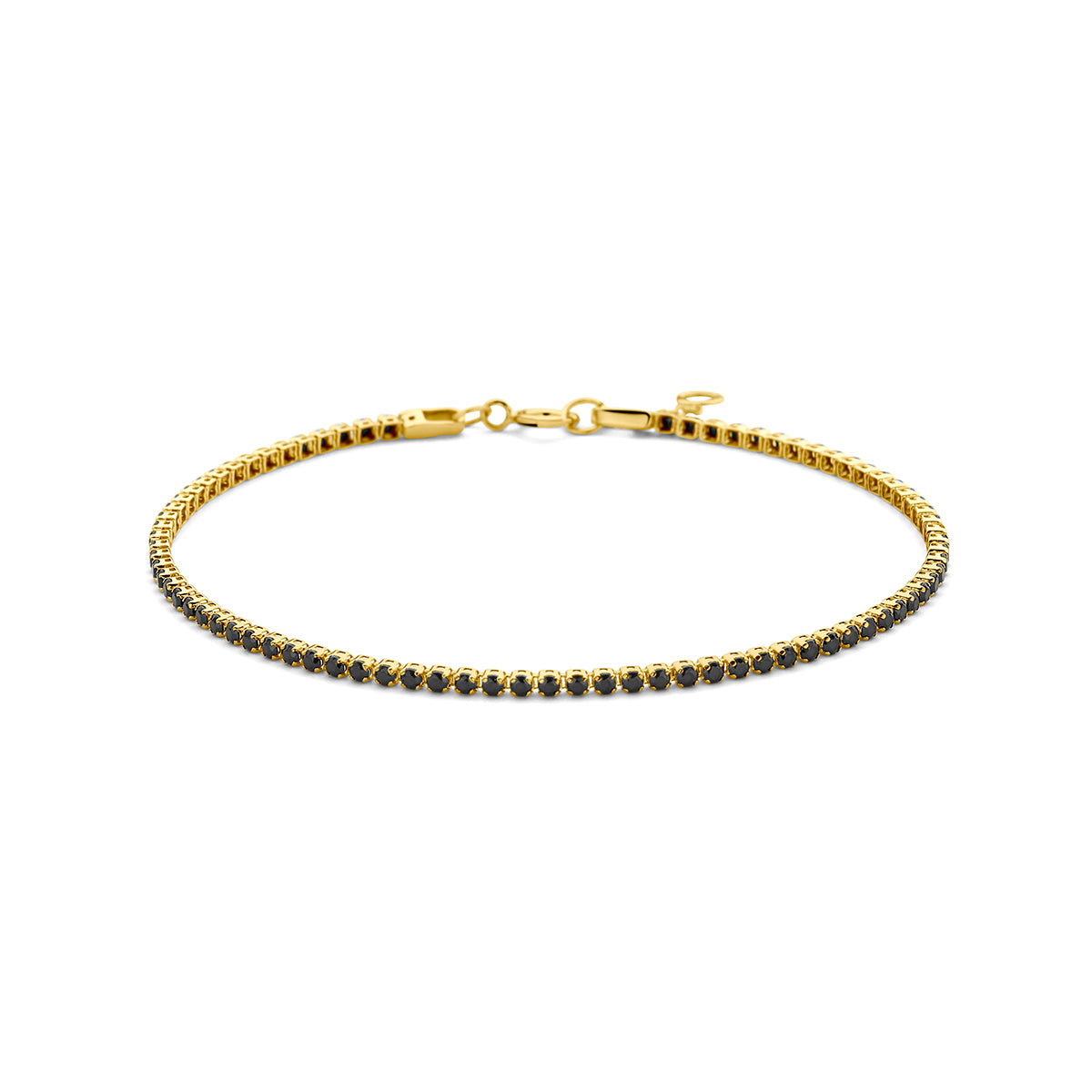 Vooraanzicht van de gouden tennisarmband met zwarte spinel van 14 karaat.