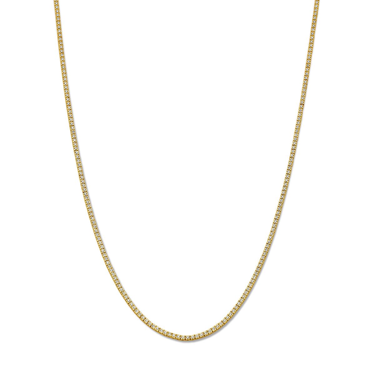 Vooraanzicht van de gouden tennisketting met diamant van 14 karaat.