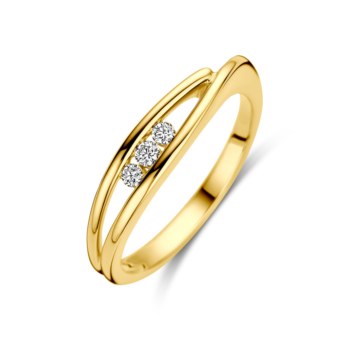 Schuin bovenaanzicht van de gouden trilogie ring met diamant van 14 karaat.