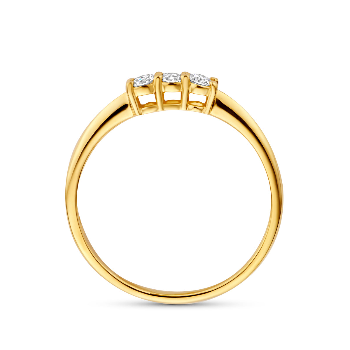 Zijaanzicht van de gouden trilogie ring met lab grown diamant van 14 karaat, 0,15 ct.
