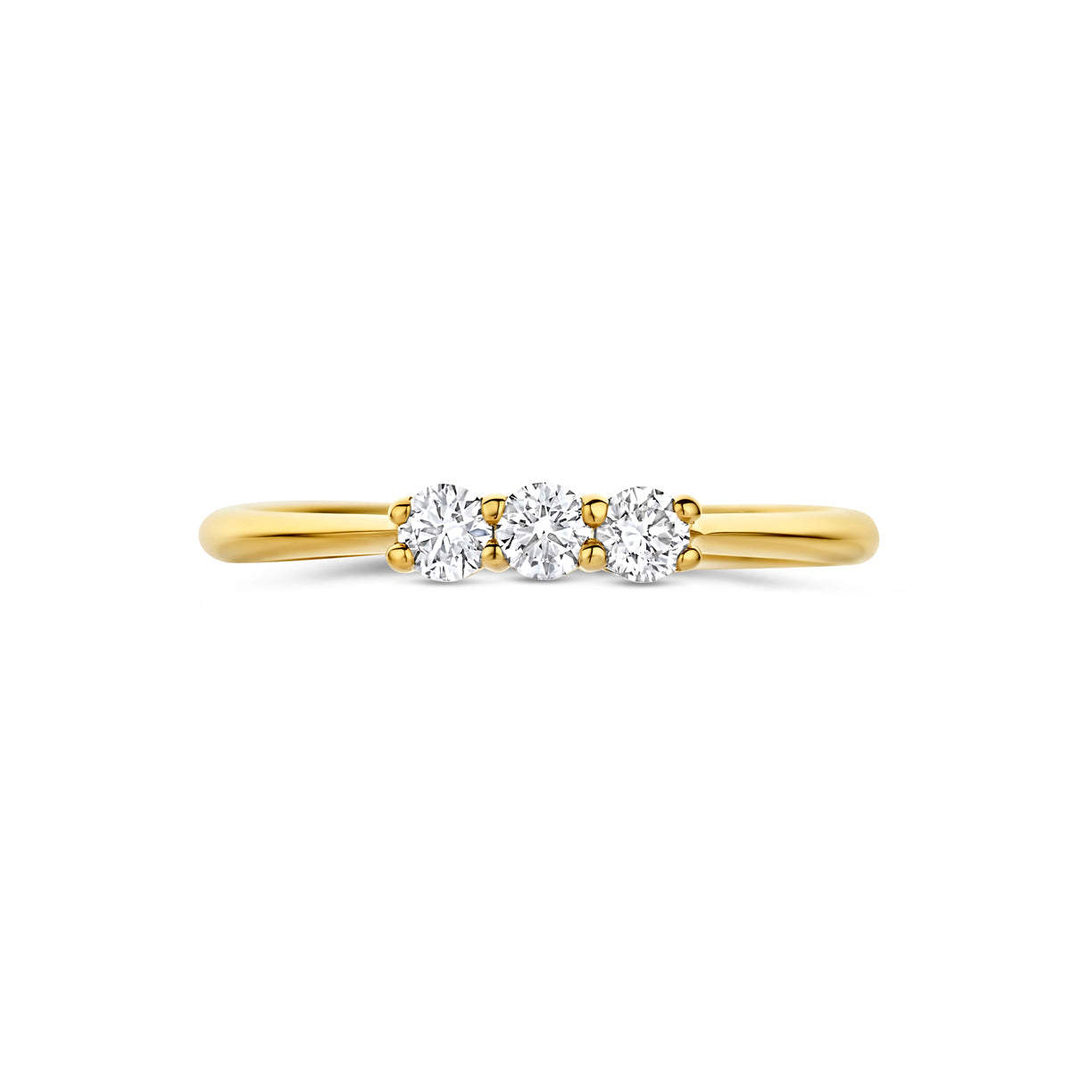 Bovenaanzicht van de gouden trilogie ring met lab grown diamant van 14 karaat, 0,24 ct.