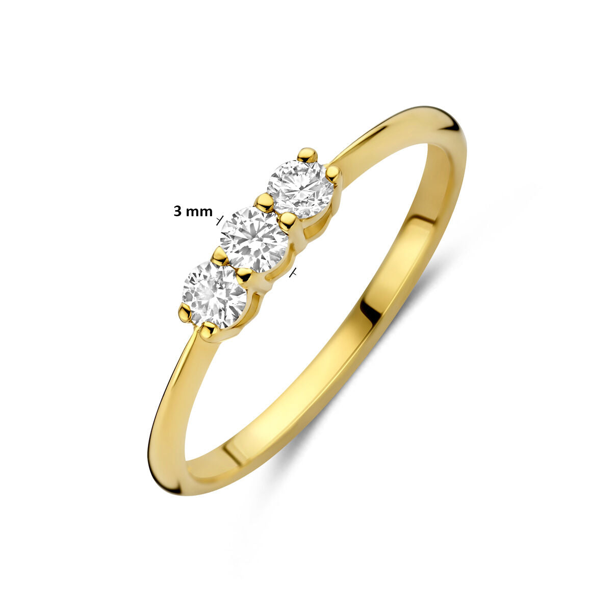 Afmetingen van de gouden trilogie ring met lab grown diamant van 14 karaat: 3 mm breed, 0,24 ct.