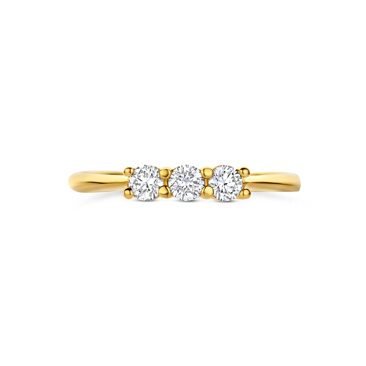 Bovenaanzicht van de gouden trilogie ring met lab grown diamant van 14 karaat, 0,30 ct.