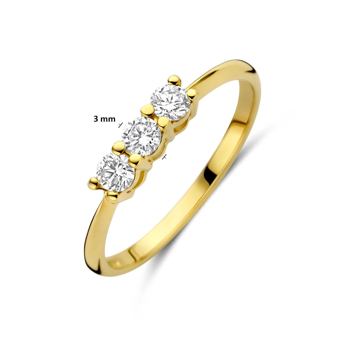 Afmetingen van de gouden trilogie ring met lab grown diamant van 14 karaat: 3 mm breed, 0,30 ct.