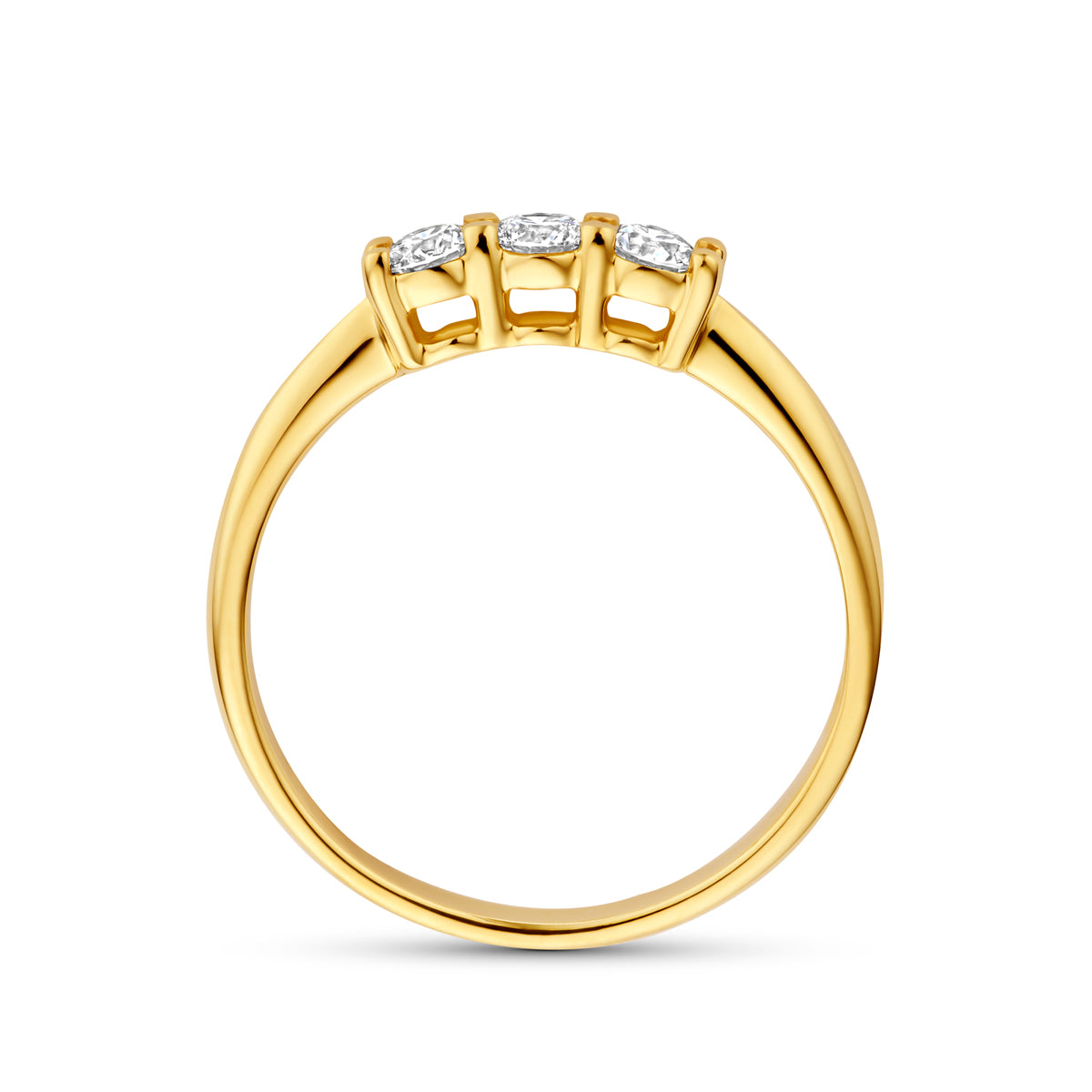 Zijaanzicht van de gouden trilogie ring met lab grown diamant van 14 karaat, 0,30 ct.