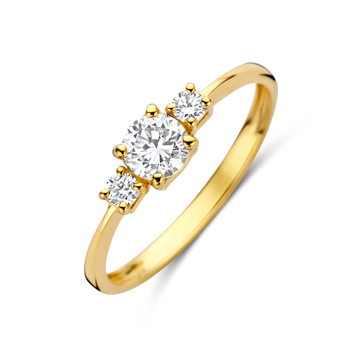 Schuin bovenaanzicht van de gouden trilogie ring met lab grown diamant van 14 karaat.