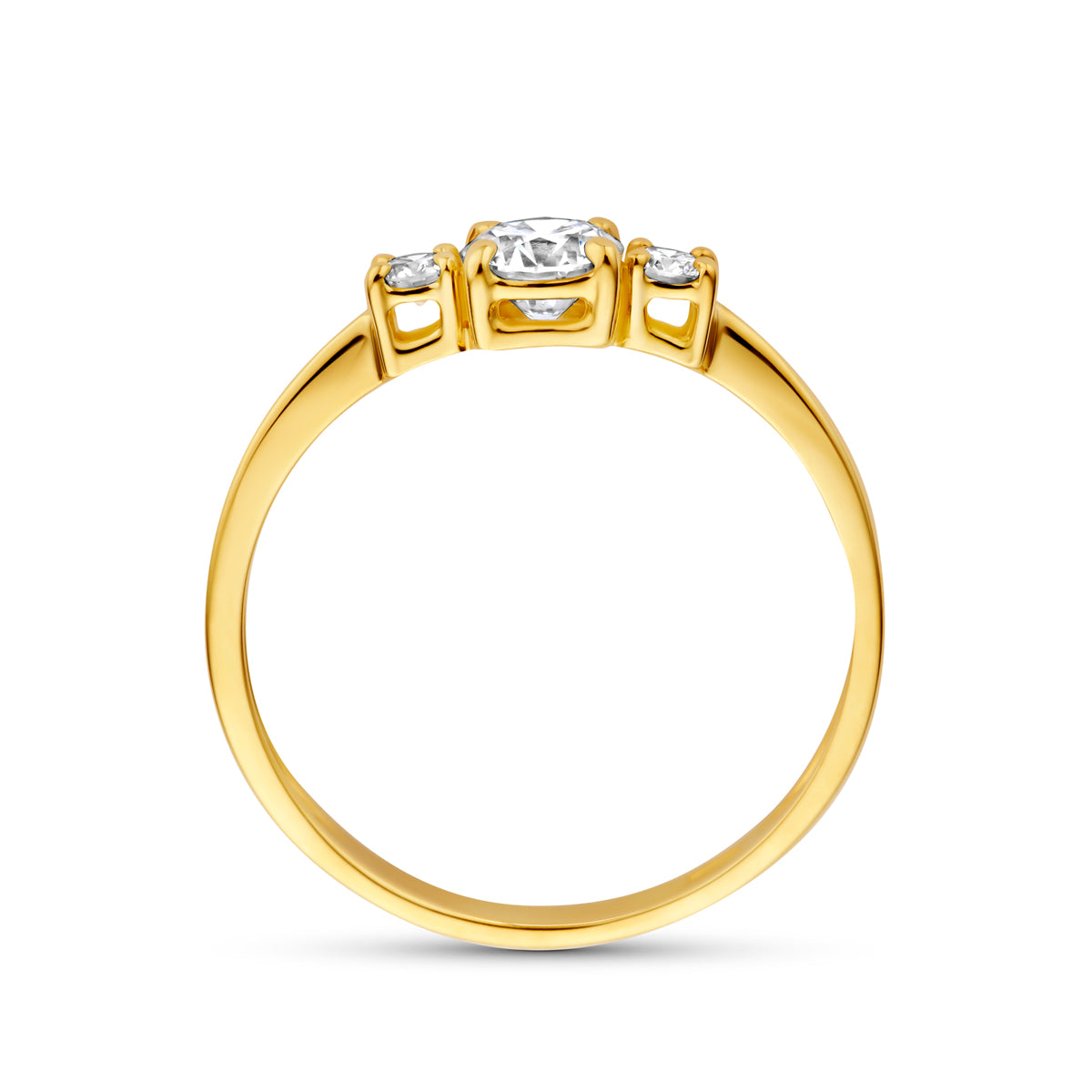 Zijaanzicht van de gouden trilogie ring met lab grown diamant van 14 karaat, 0,50 ct.