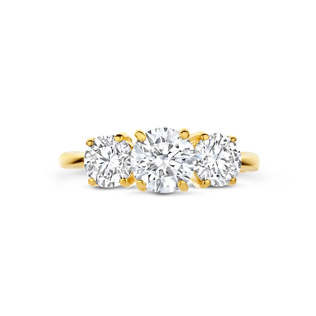Bovenaanzicht van de gouden trilogie ring met lab grown diamant van 14 karaat, 1,90 ct.
