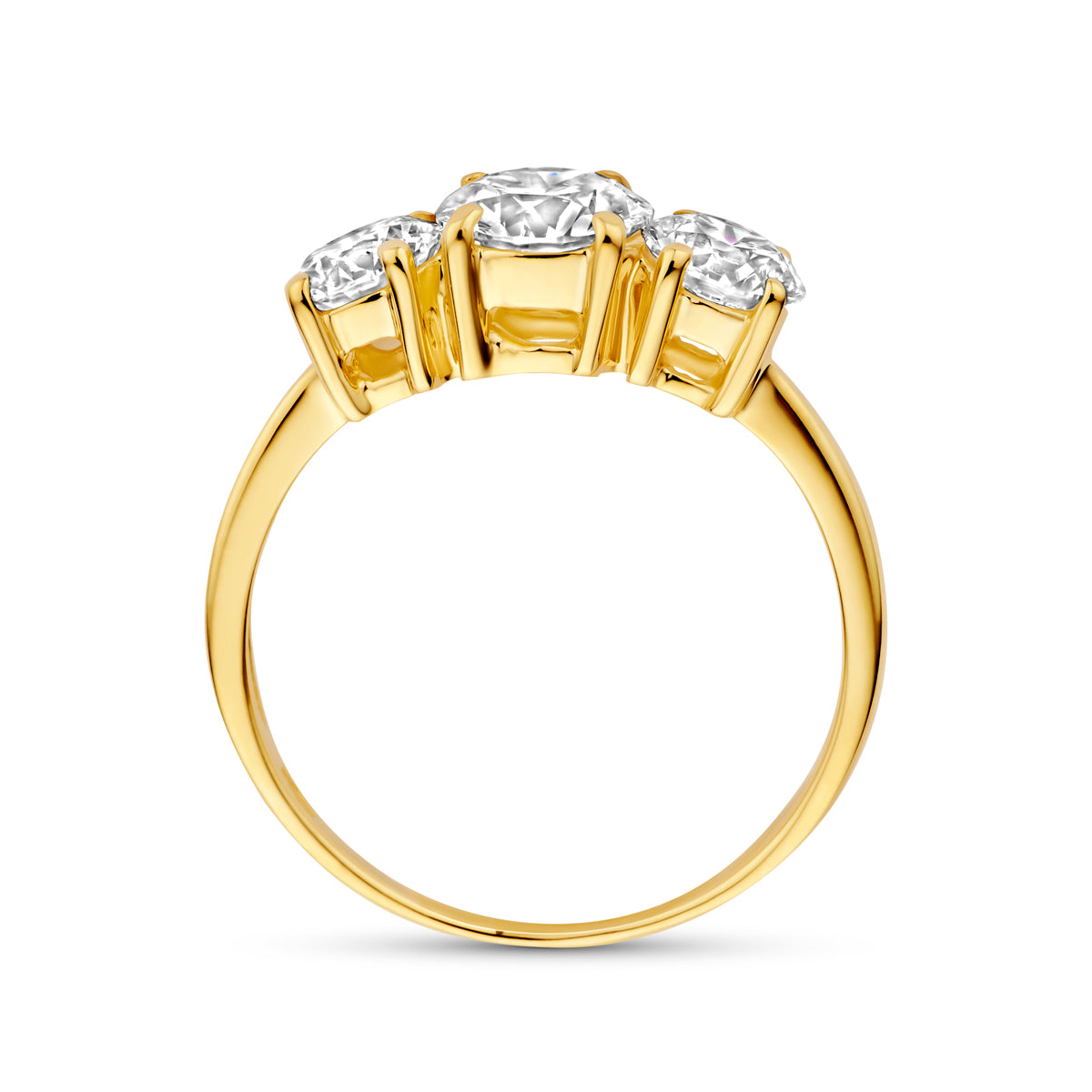 Zijaanzicht van de gouden trilogie ring met lab grown diamant van 14 karaat, 1,90 ct.
