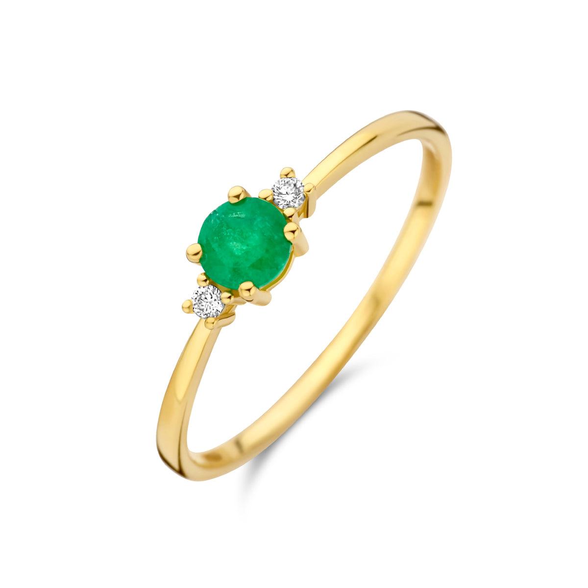 Schuin bovenaanzicht van de gouden trilogie ring met smaragd en diamant van 14 karaat.