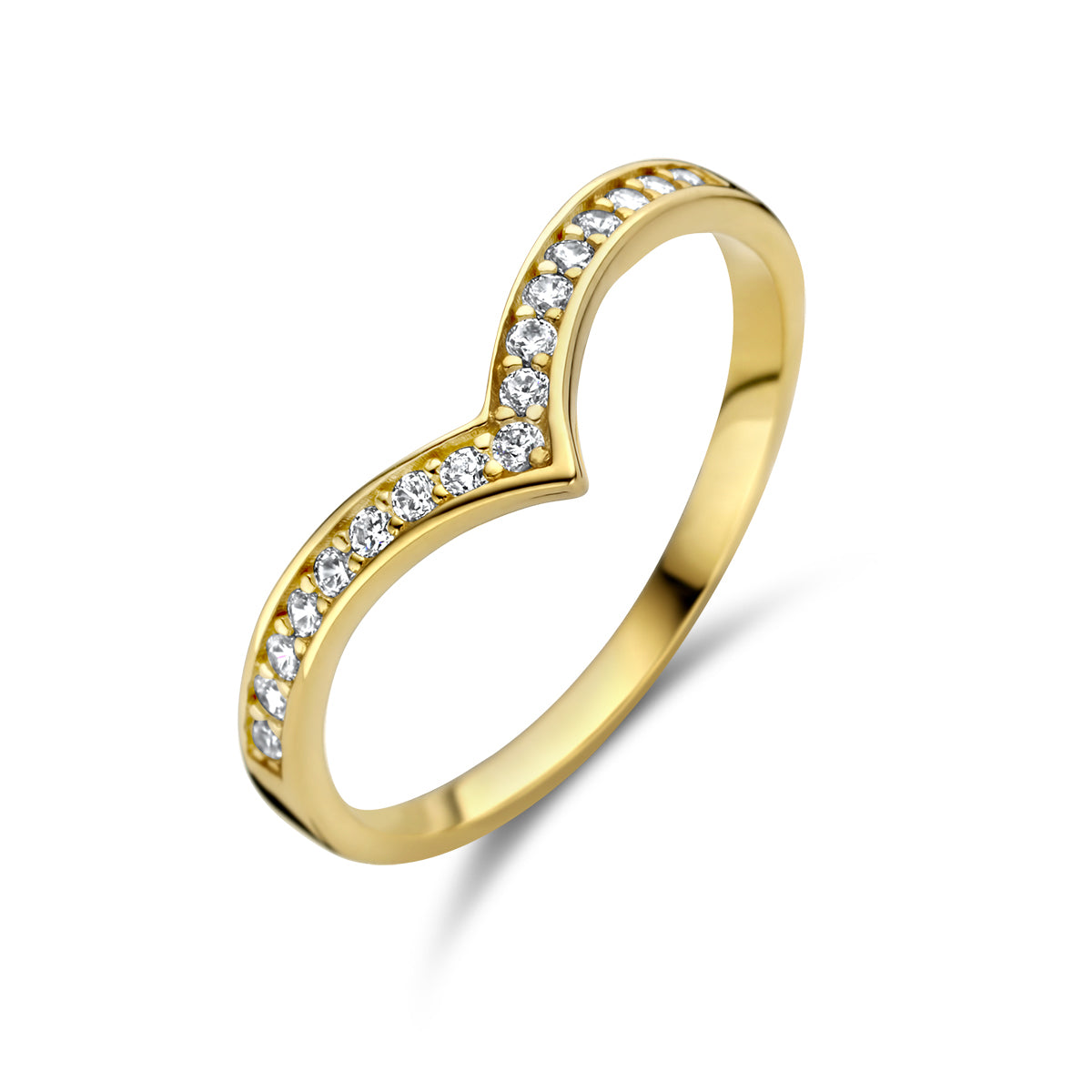 Schuin bovenaanzicht van de gouden v-ring met zirkonia van 14 karaat.
