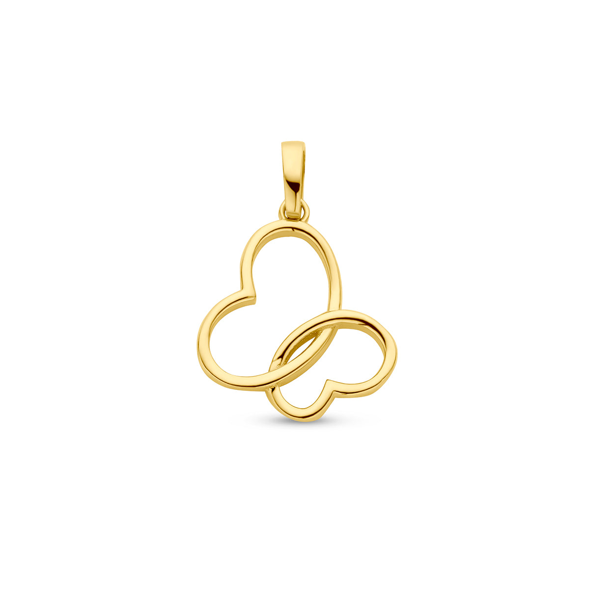 Vooraanzicht van de gouden vlinder hanger van 14 karaat.