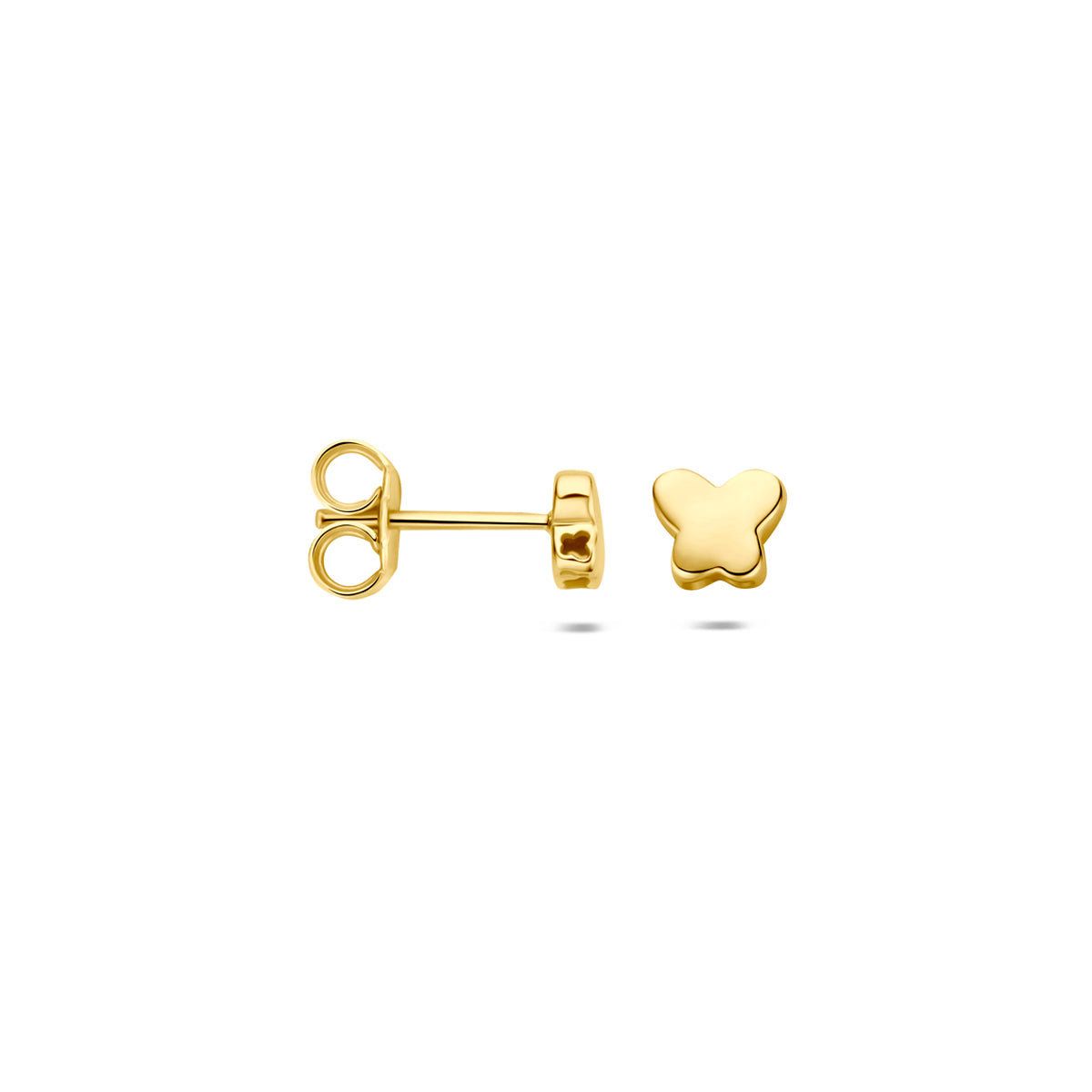 Voor- en zijaanzicht van de gouden vlinder oorknopjes van 14 karaat.