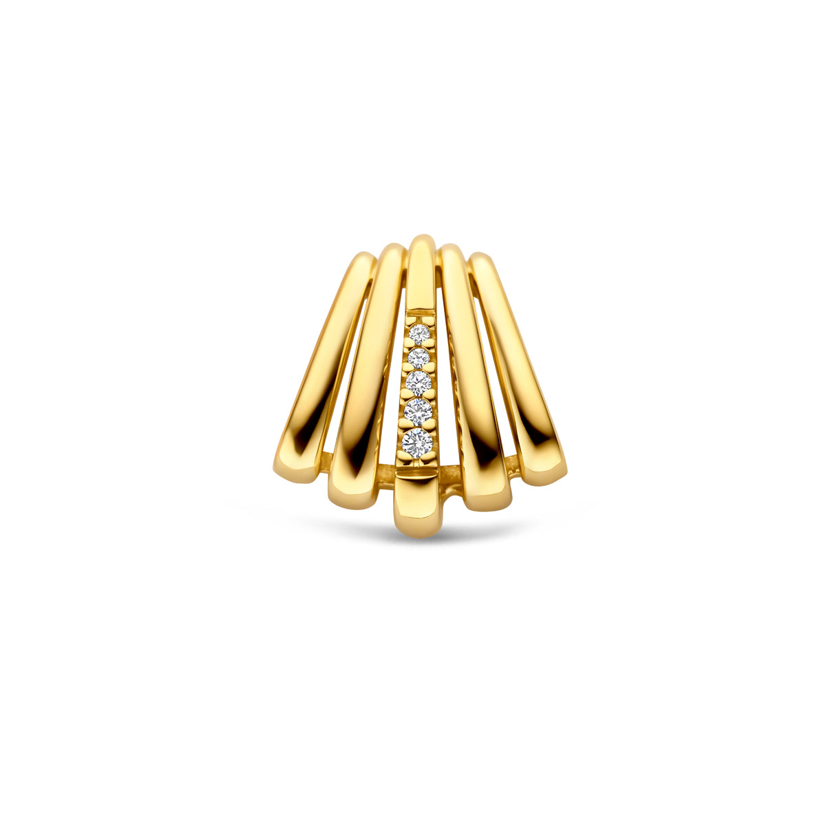 Vooraanzicht van de gouden waaier hanger met diamant van 14 karaat.