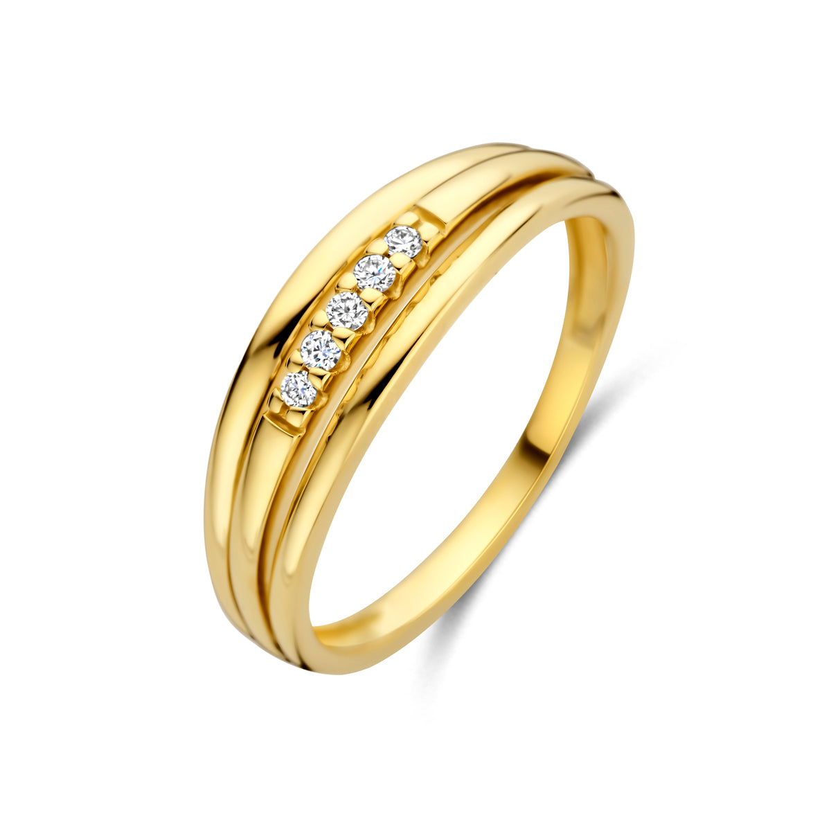 Schuin bovenaanzicht van de gouden waaier ring met diamant van 14 karaat.