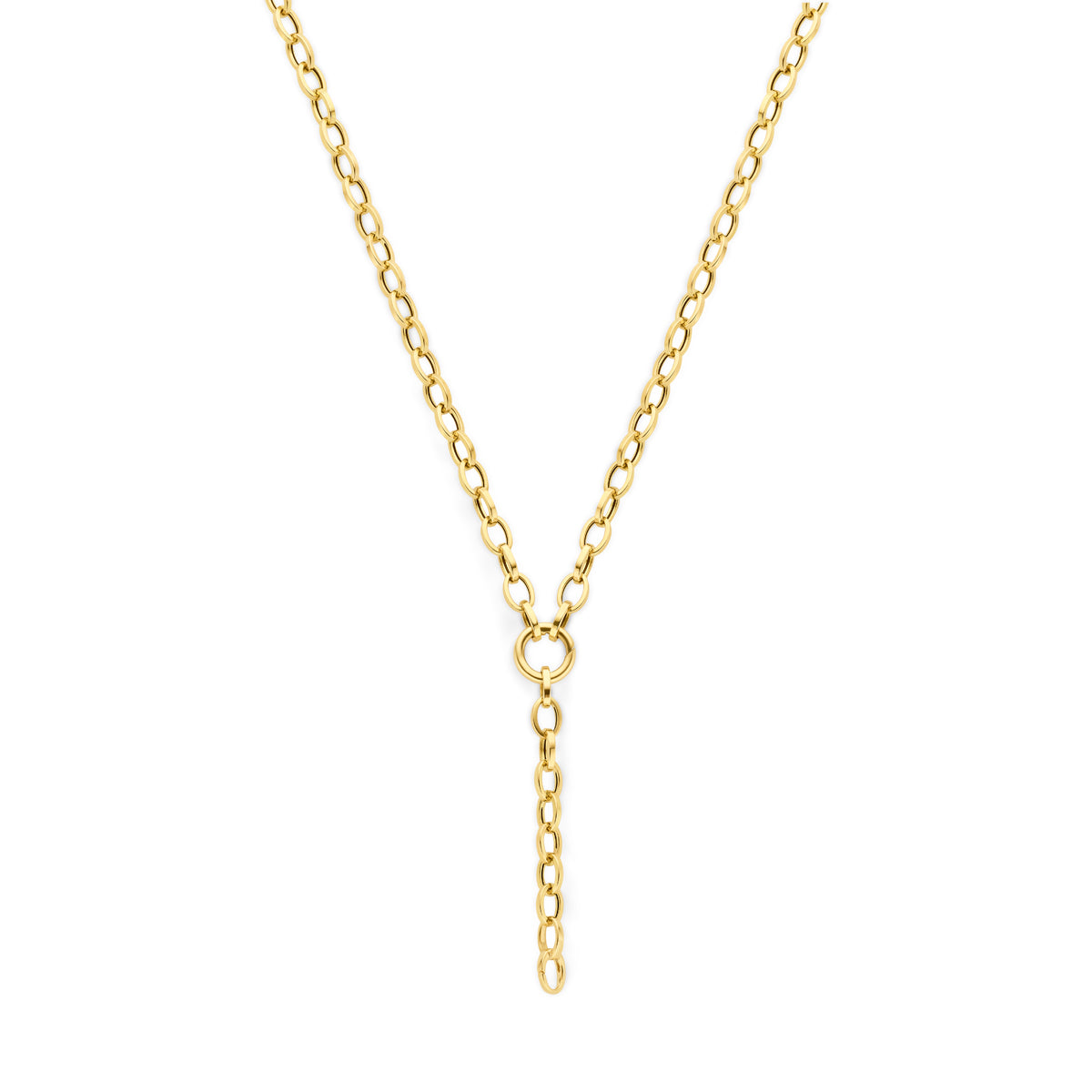 Vooraanzicht van de gouden y-ankerketting van 14 karaat.