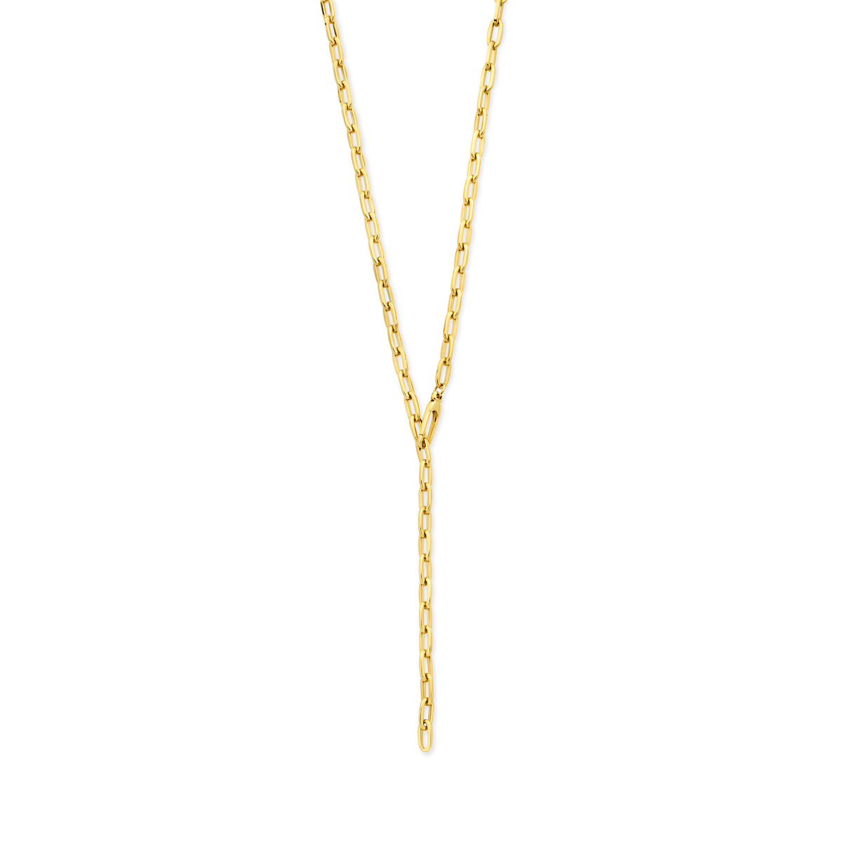 Vooraanzicht van de gouden y-ketting met ankerschakel van 14 karaat.