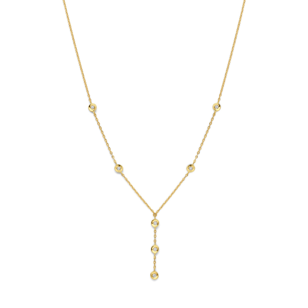 Vooraanzicht van de gouden y-ketting met diamant van 14 karaat.