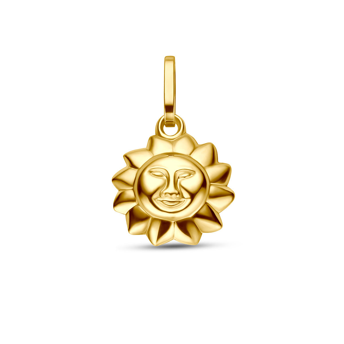 Vooraanzicht van de gouden zon hanger van 14 karaat.