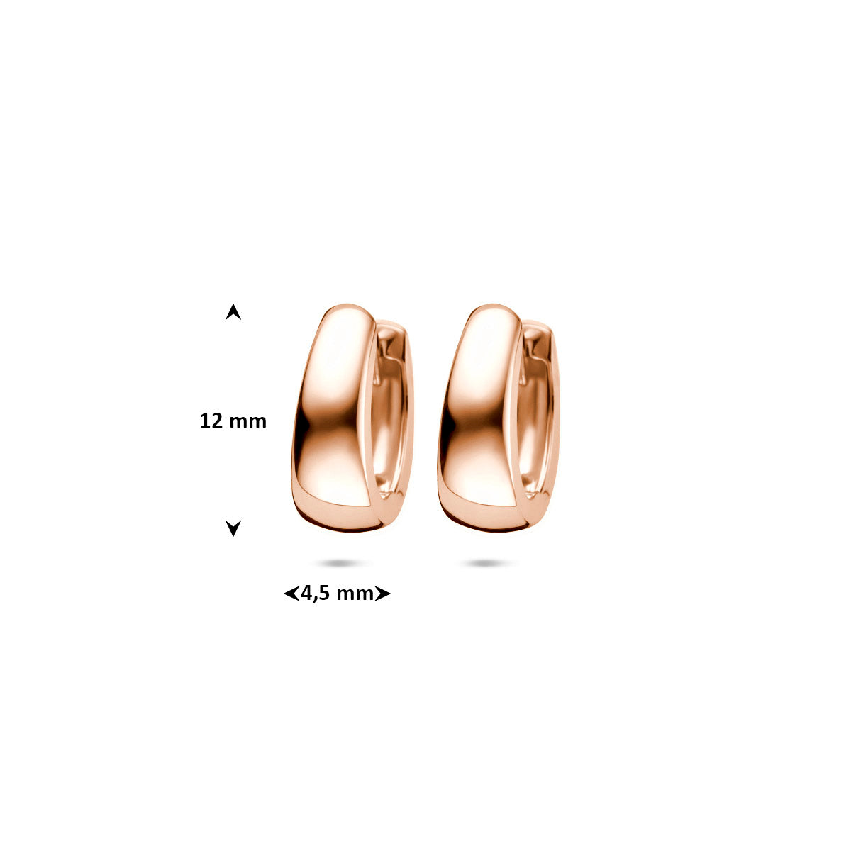 Afmetingen van de roségouden brede klapoorringen van 14 karaat: 12 mm doorsnee en 4,5 mm breed.