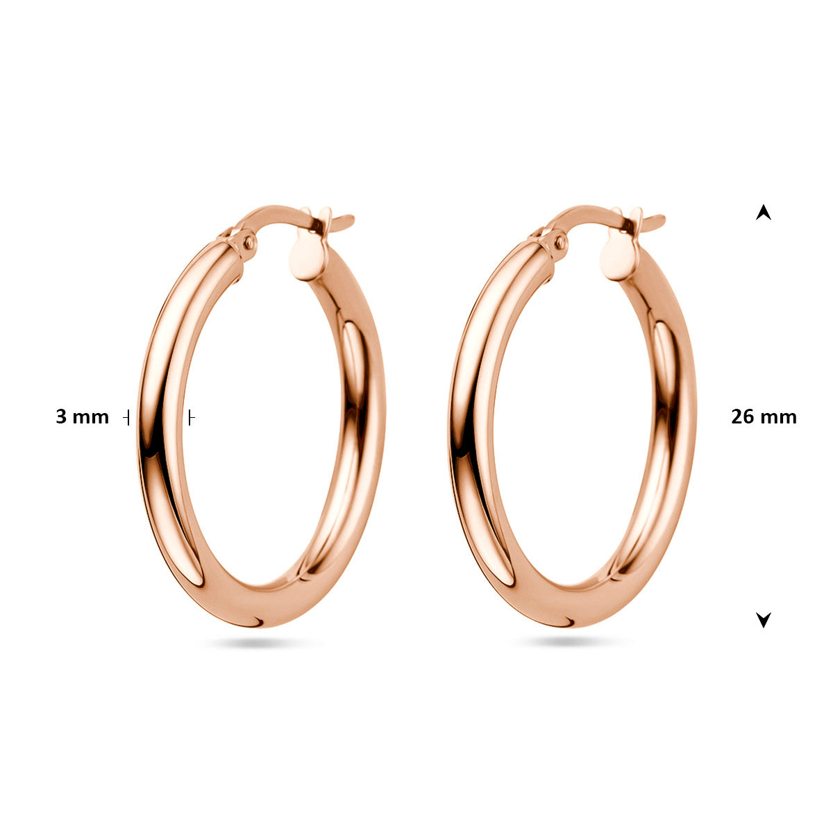 Afmetingen van de roségouden buis oorringen van 14 karaat: 26 mm doorsnee en 3 mm dik.
