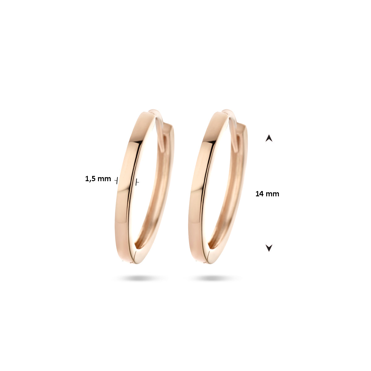 Afmetingen van de roségouden klapoorringen van 14 karaat: 14 mm doorsnee en 1,5 mm breed.