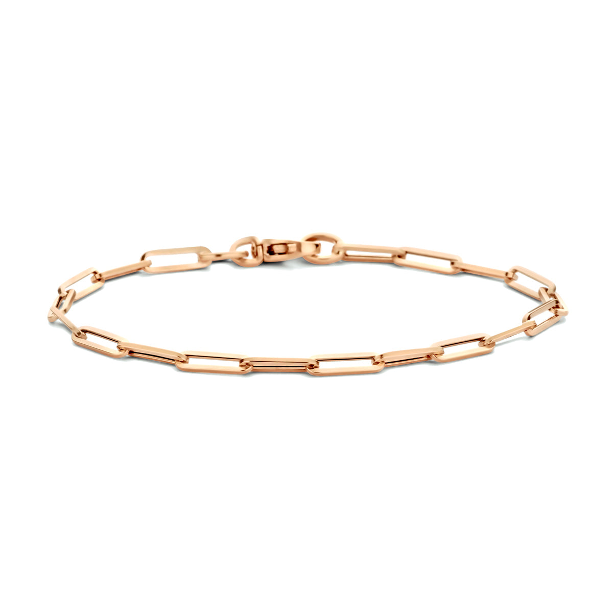 Vooraanzicht van de 14 karaat roségouden paperclip armband, 18 cm lang.
