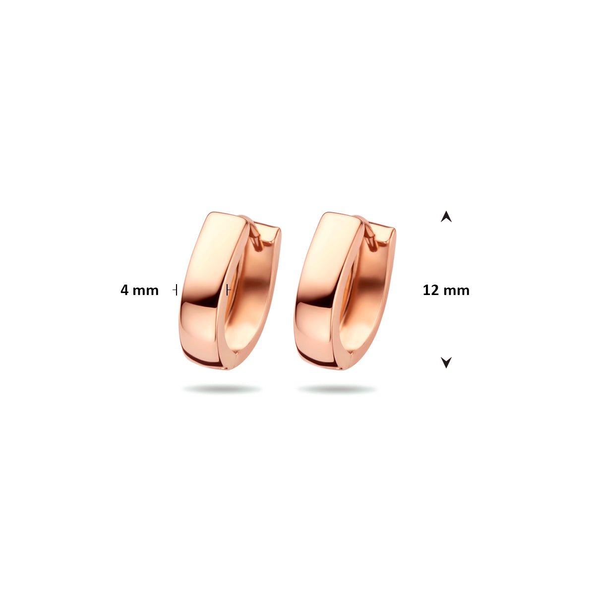 Afmetingen van de roségouden vlakke klapoorringen van 14 karaat: 12 mm hoog en 4 mm breed.