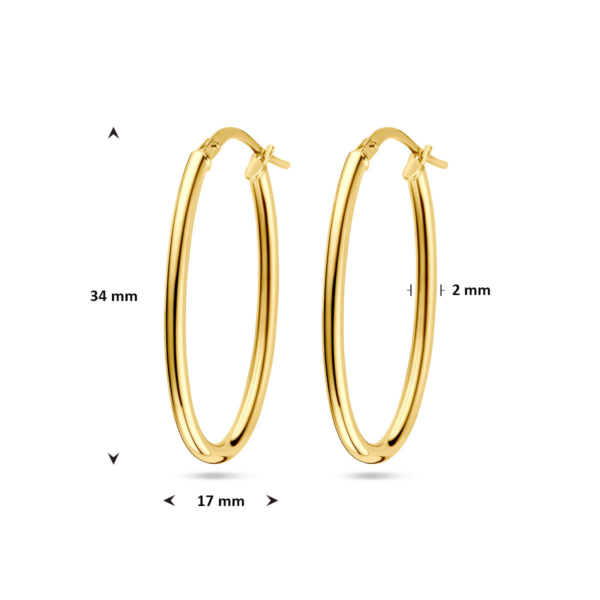 Afmetingen van de Silgold oorringen van 14 karaat: 34 mm hoog en 17 mm breed.