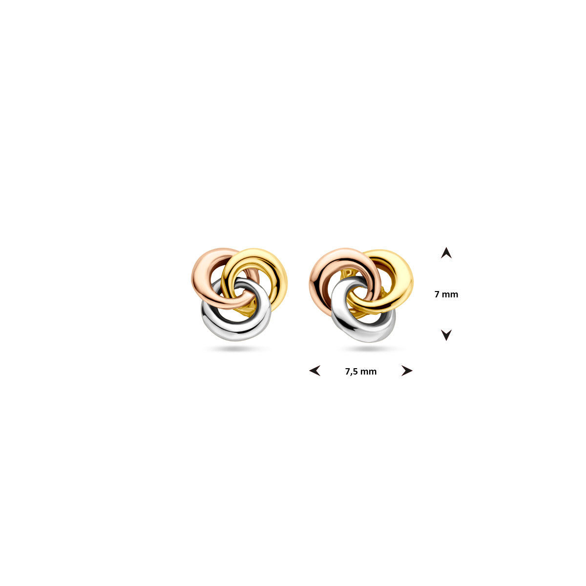 Afmetingen van de tricolor gouden oorknopjes van 14 karaat: 7 mm hoog en 7,5 mm breed.