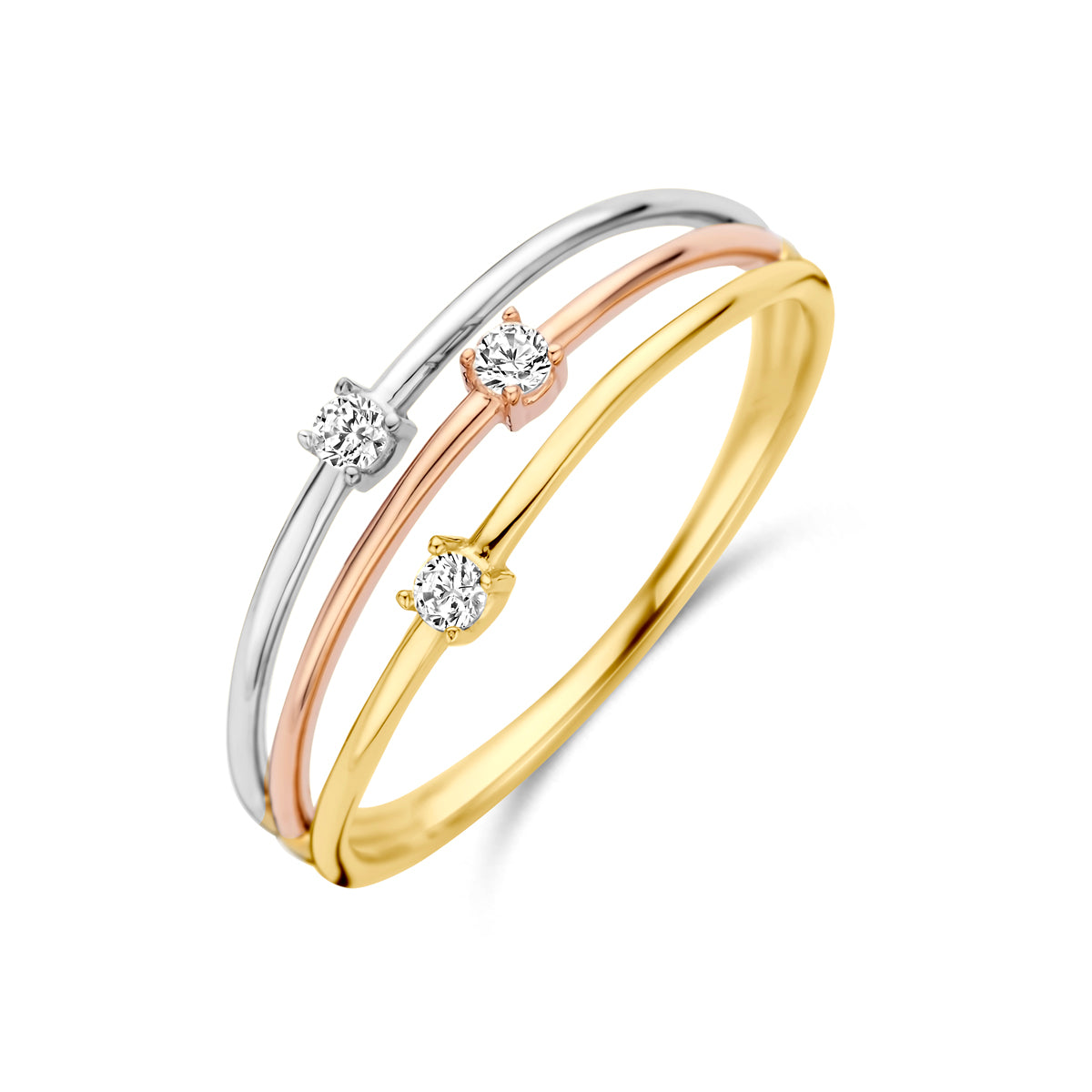 Schuin bovenaanzicht van de tricolor gouden ring met zirkonia van 14 karaat.