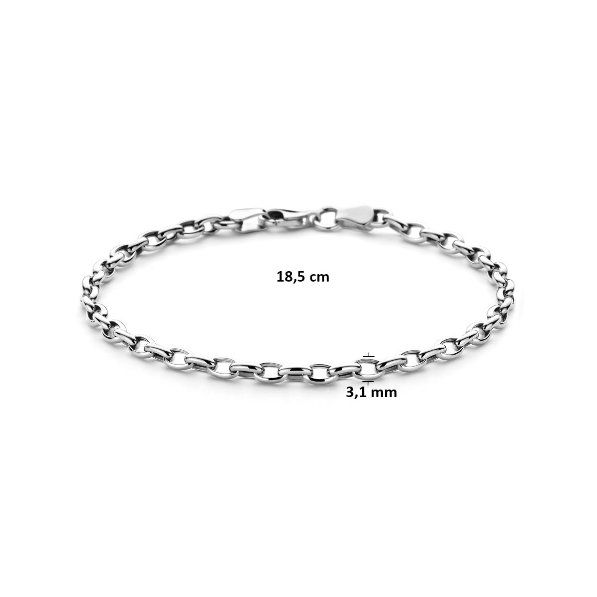 Afmetingen van de witgouden armband van 14 karaat met ankerschakel: 18,5 cm lang, schakel 3,1 mm