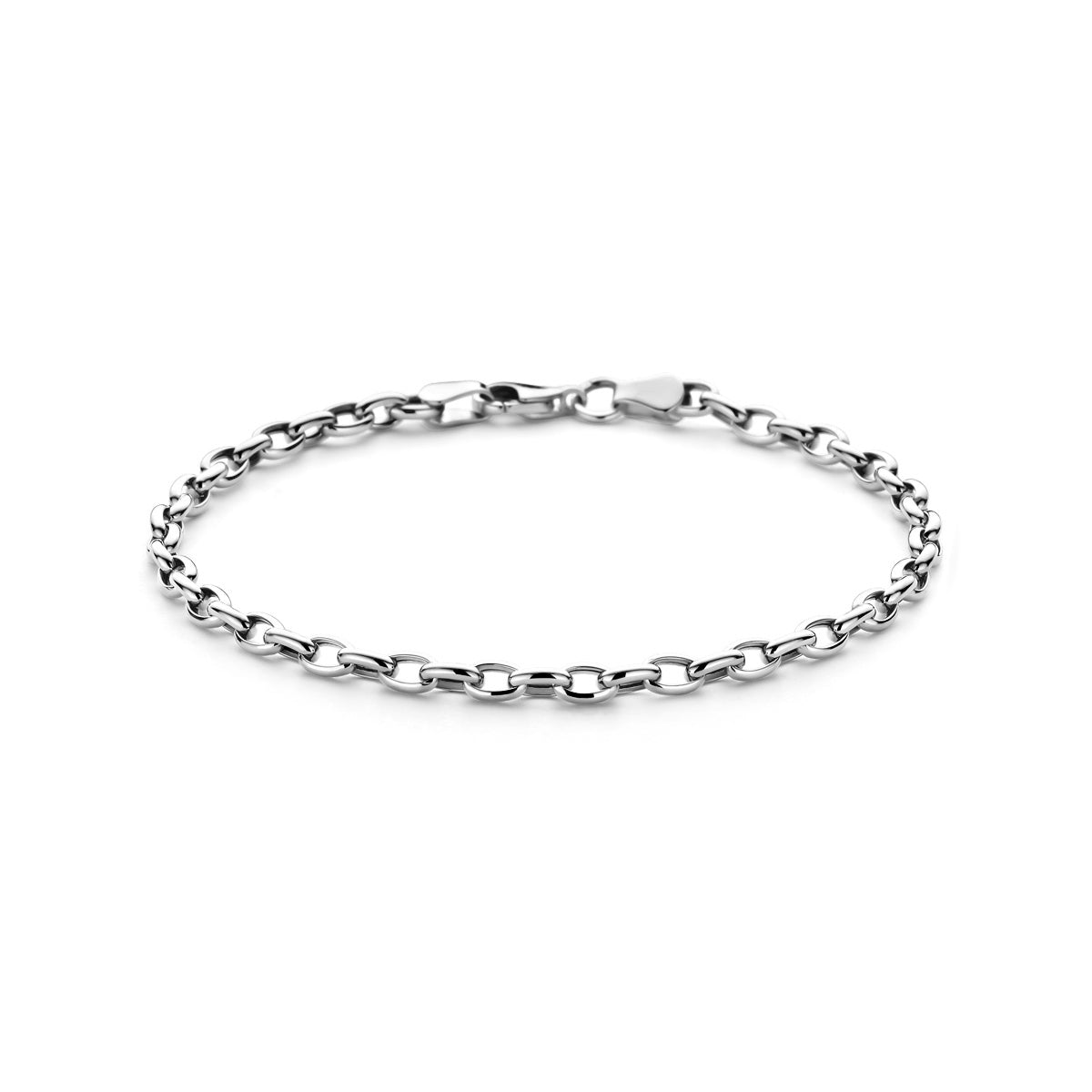 Vooraanzicht van de witgouden armband van 14 karaat met ankerschakel