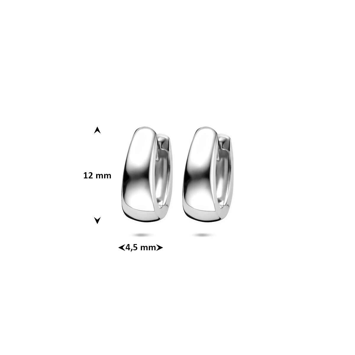 Afmetingen van de witgouden brede klapoorringen van 14 karaat: 12 mm doorsnee en 4,5 mm breed.
