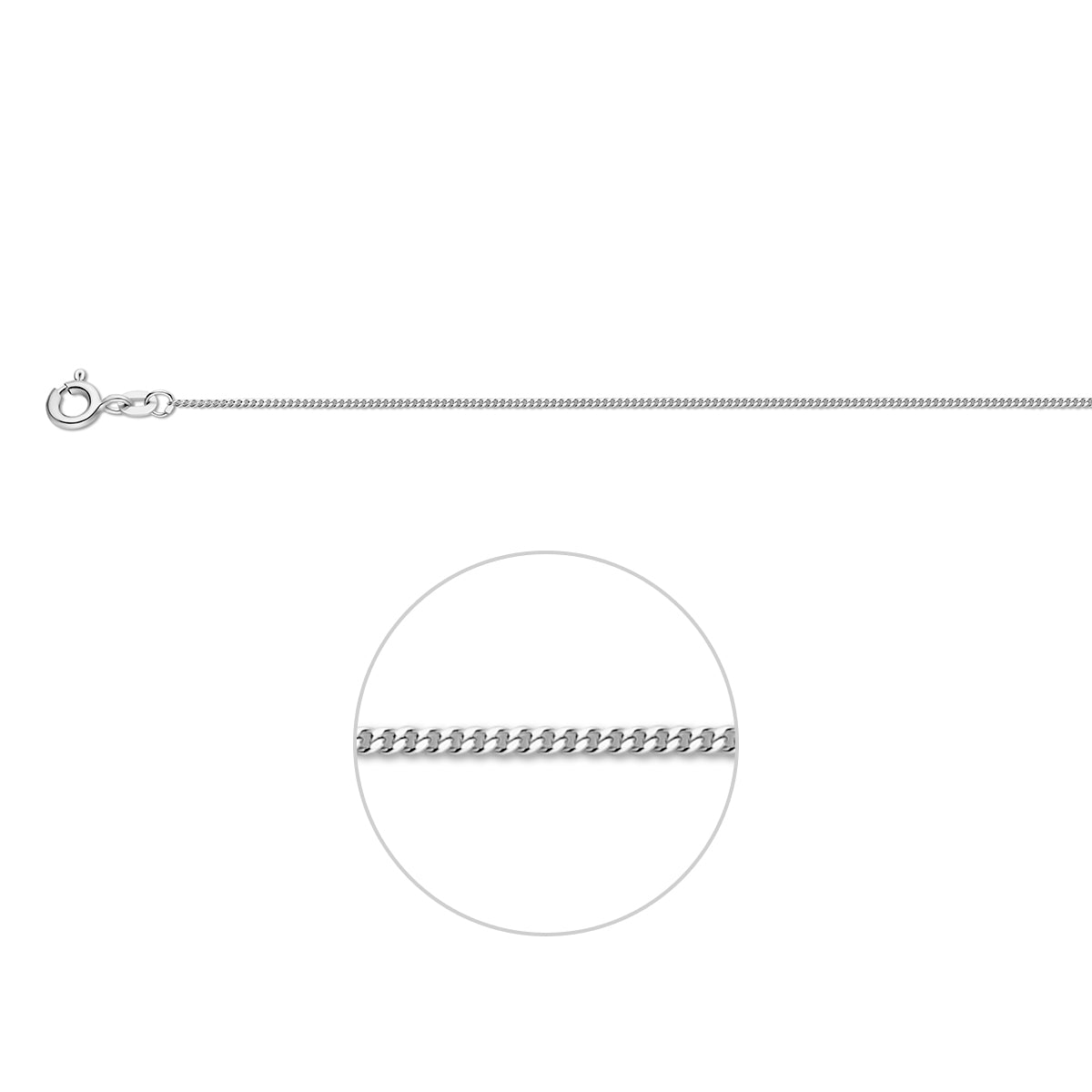 Witgouden gourmet ketting: 14 karaat witgouden gourmette halsketting van 1,1 mm breed, vooraanzicht