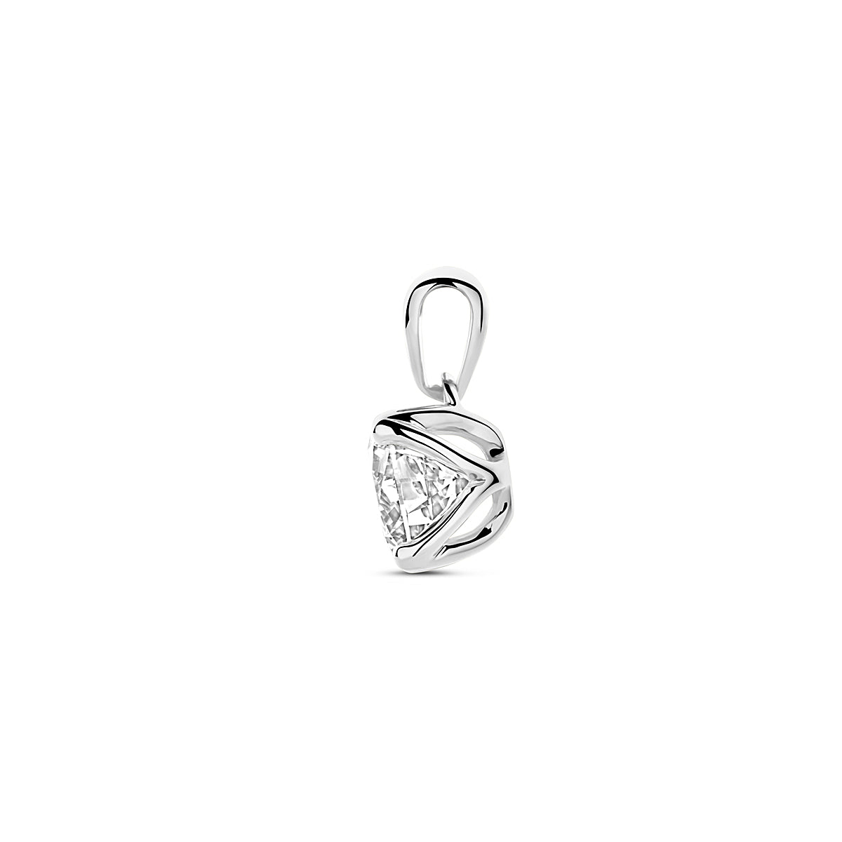 Zijaanzicht van de 14 karaat witgouden lab grown diamant hanger 1,00 ct, zodat de diepte van het sieraad zichtbaar is.