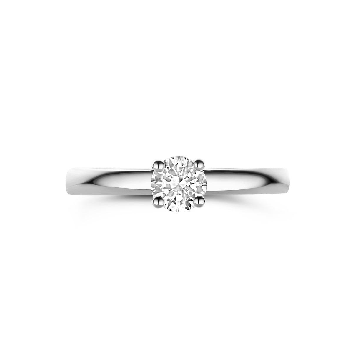 Bovenaanzicht van de 14 karaat witgouden ring met zirkonia, plat liggend van bovenaf gezien.