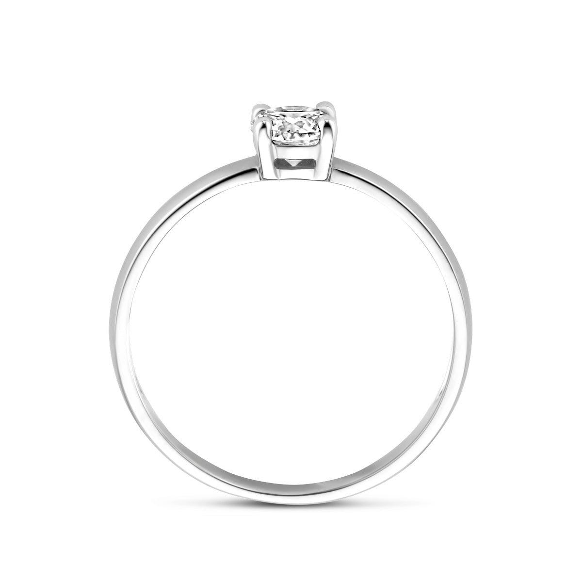 Zijaanzicht van de 14 karaat witgouden ring met zirkonia, zodat het profiel van de ring zichtbaar is.