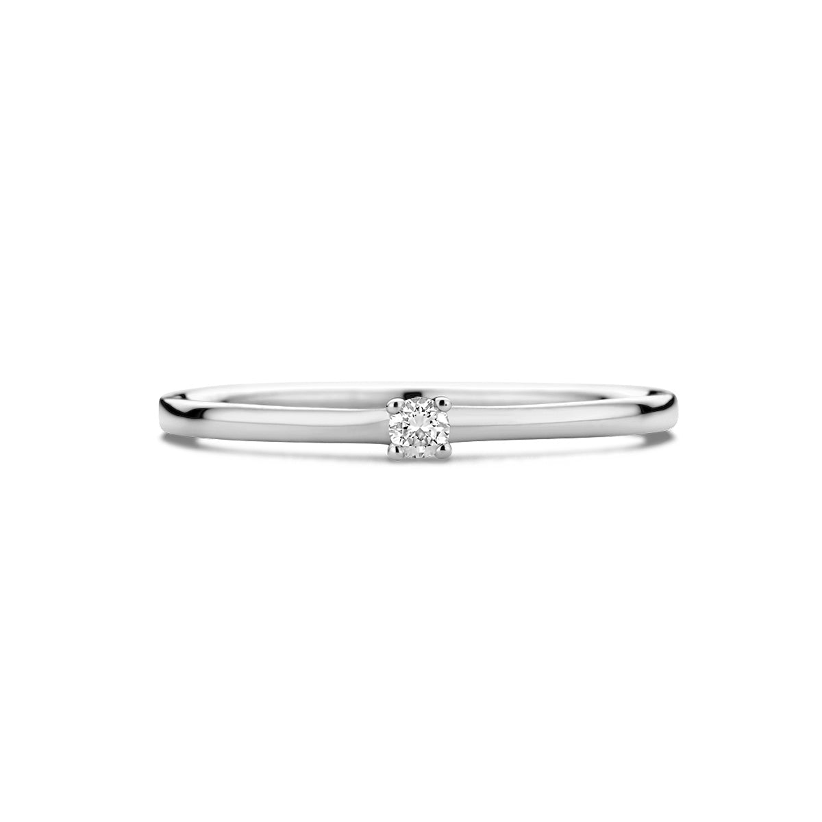 Bovenaanzicht van de witgouden solitair ring met diamant van 14 karaat, 0,05 ct.